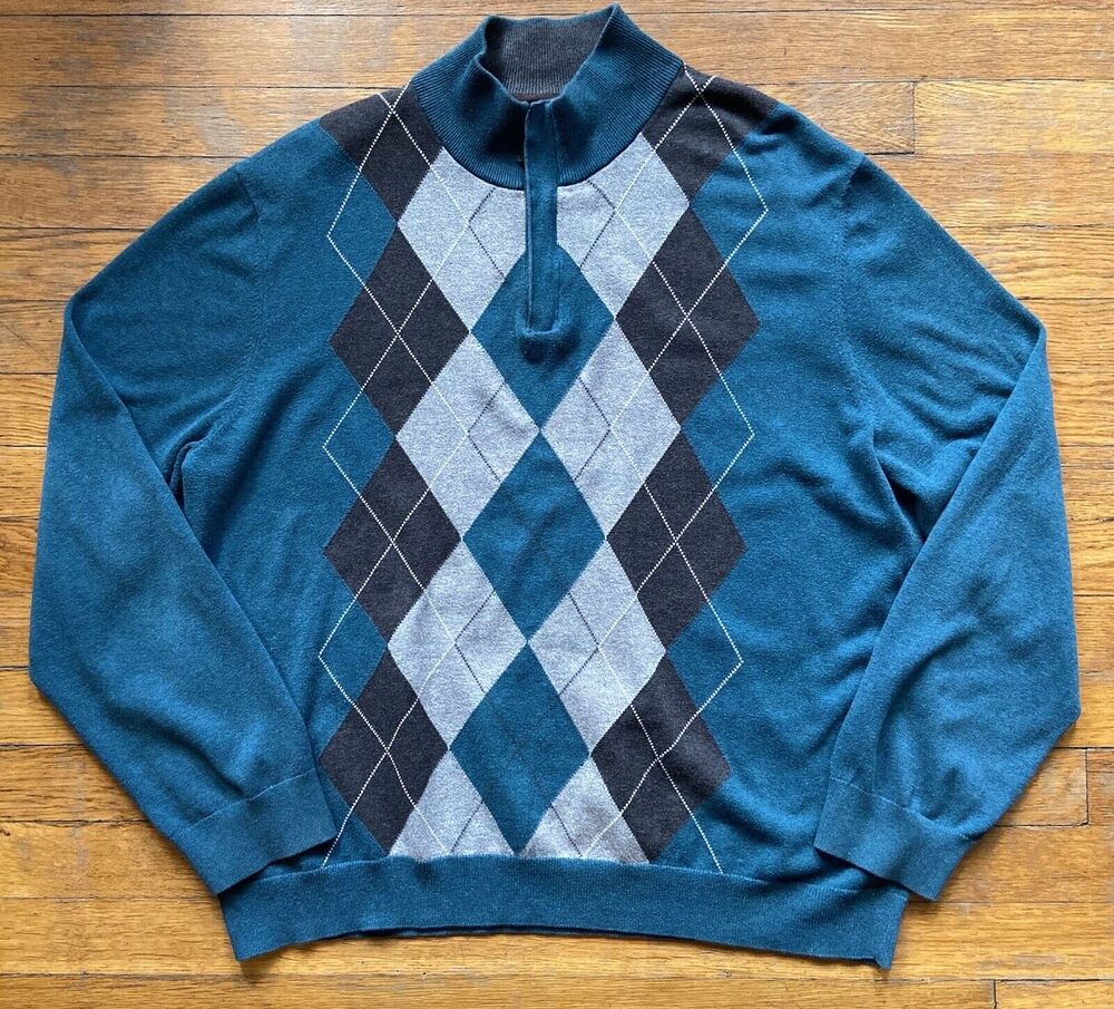 TASSO ELBA Blue 1/4 Zip Cotton Argyle Pullover Sweater sz Large